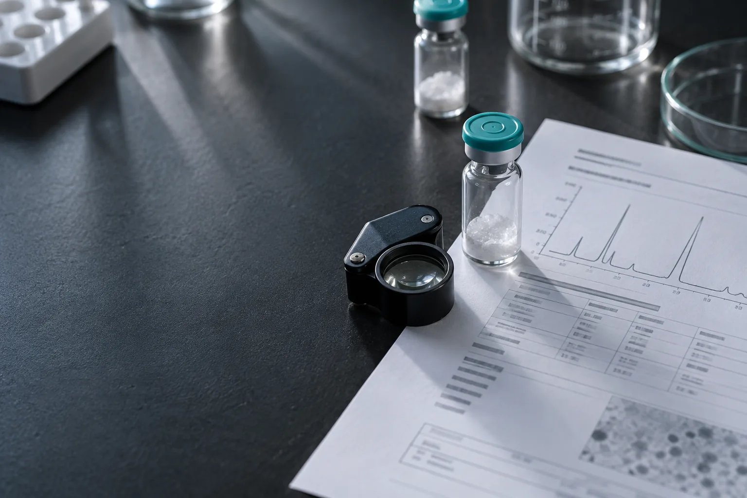 Research vial beside a laboratory report and inspection loupe