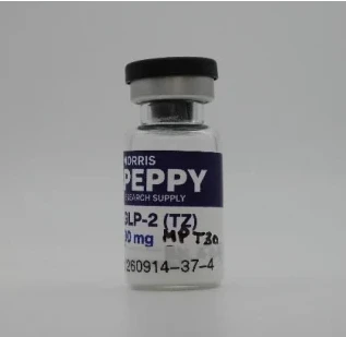 The Morris Peppy GLP-2 (TZ) 30 mg vial with a black cap, photographed by Vanguard Laboratory in report V260914-37 004
